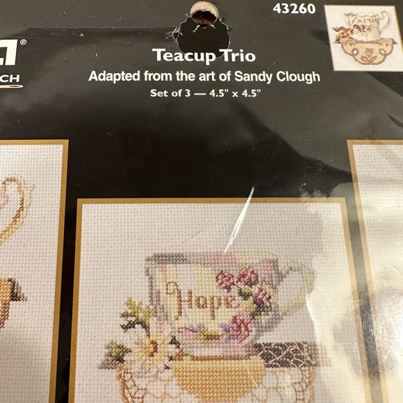 Bucilla Teacup Trio Counted Cross Stitch Kit Sandy Clough Faith Hope Love - Picture 2 of 4